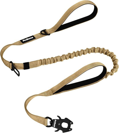 PetBonus Heavy Duty Tactical Dog Leash, 5 FT Bungee Shock Absorption Leash with 2 Padded Handles, Quick Release Metal Clip, Car Seatbelt, No Pull Training Lead for Large Medium Dogs（Khaki）