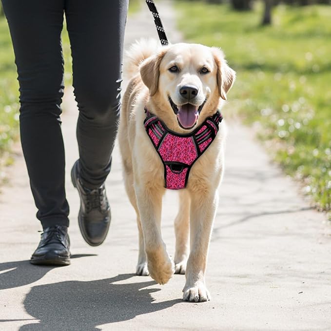 BARKBAY No Pull Dog Harness Large Reflective Dog Harness with Front Clip and Easy Control Handle for Walking Training Running with ID tag Pocket(Pink/Black,L)
