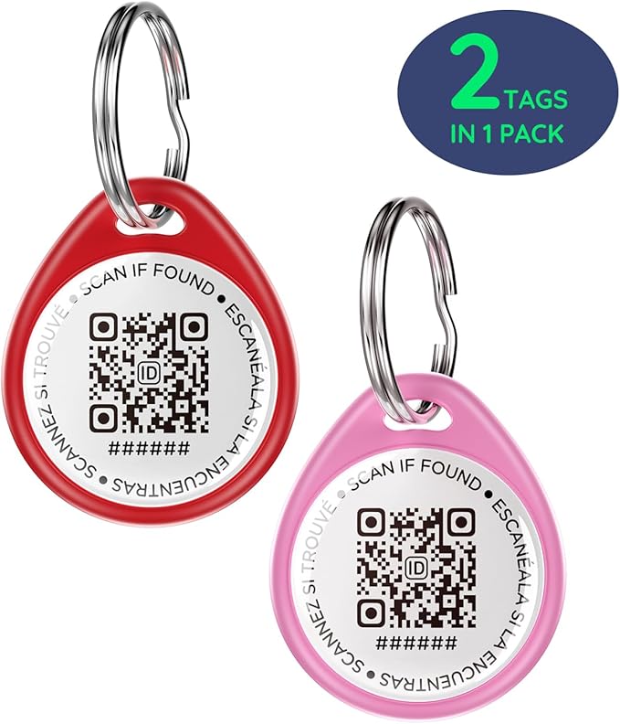 QR Code Dog Tag and Cat Tag, Scan to Reunite Faster, Waterproof and Durable, Lightweight and Quiet, Updatable Contact Info, Red and Pink, 2 Tags in 1 Pack