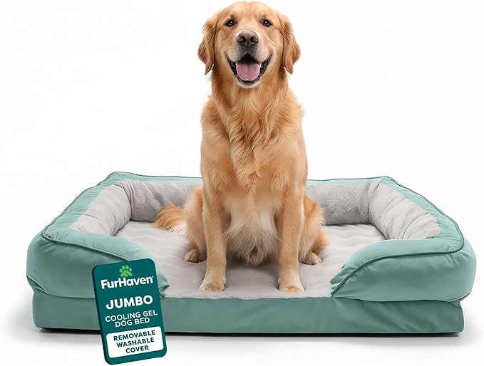 FurHaven Cooling Gel Dog Bed for Large Dogs, Comfort Sofa Bed with Cool Gel-Top Foam with a Solid Orthopedic Foam Base for Joint Support, Washable Cover, Jumbo XL, Plush & Velvet, Celadon Green.