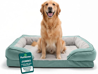 FurHaven Cooling Gel Dog Bed for Large Dogs, Comfort Sofa Bed with Cool Gel-Top Foam with a Solid Orthopedic Foam Base for Joint Support, Washable Cover, Jumbo XL, Plush & Velvet, Celadon Green.