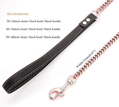Rose Gold Dog Leash 11mm Cuban Link Chain Dog Leash Durable Stainless Steel Metal with Leather Handle for Small Medium Large Dogs 3FT/4FT/5FT(11mm,4ft)…