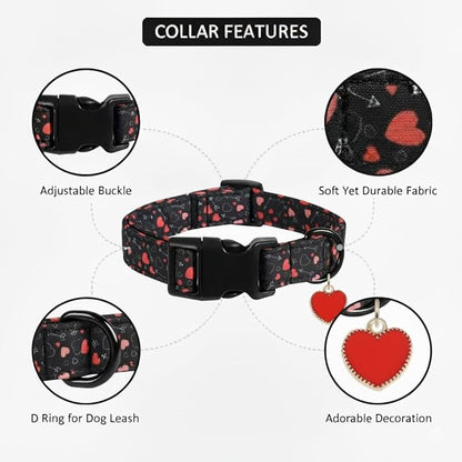Valentin Dog Collar, Medium Dog Collar with Red Hearts, Pet Collar Boy with Charm and Buckle, Adjustable for Medium Dogs