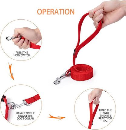 Siumouhoi Strong Durable Nylon Dog Training Leash, 1 Inch Wide Traction Rope, 6 ft 10ft 15ft Long, for Small and Medium Dog (Red, 6 Feet)