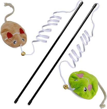 URMYONLY Interactive Cat Toy Wand with Catnip Mouse, Cat Teaser Wand Rainbow String for Bored Indoor Adult Cats and Kittens (2 Pack Mouse)