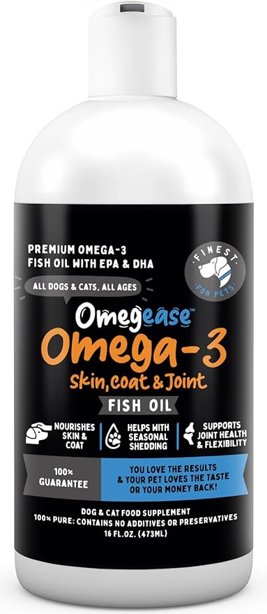 Omega 3 Fish Oil for Dogs & Cats. 100% Natural Wild Caught EPA & DHA Fatty Acids Supplement for Joints, Skin & Coat, Itching, Shedding & Immune Health. Stronger Than Salmon Oil, Omegease 16 oz