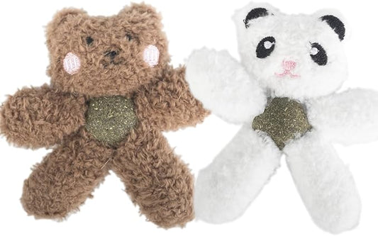 Gavpepy Cat Toys with Catnip Kitten Chew Bite Supplies Boredom Relief Fluffy Kitty Teeth Cleaning Chewing Cat Lovers Interactive Plush Gift (Panda&Bear)