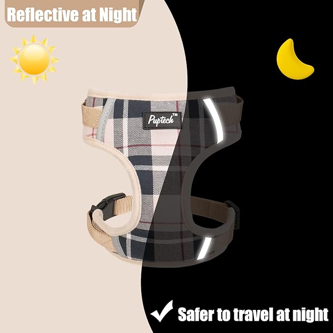 PUPTECK Small Dog Harness and Leash Set, No Pull Adjustable Puppy Cat Harness, Reflective Soft Mesh Pet Vest Small Sized, Beige Plaid, XS