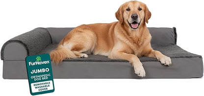FurHaven Orthopedic Dog Bed for Large Dogs, L-Shaped Chaise Mattress with Orthopedic Egg Crate & Solid Orthopedic Foam Base for Joint Support, Washable Cover, Jumbo XL, Plush & Velvet, Platinum Gray