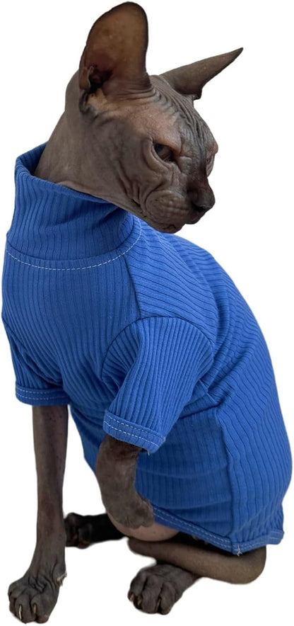 Sphynx Cats Shirt Cat Turtleneck Cotton Sweater Pullover Kitten T-Shirts with Sleeves Cat Pajamas Jumpsuit for Sphynx Cornish Rex, Devon Rex, Peterbald (X-Large (Pack of 1), Deep Blue)
