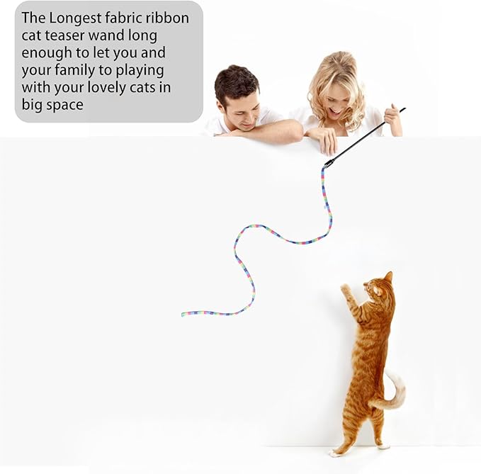 M JJYPET Cat Wand Toys Interactive Kitten Toys Cat Teaser Wand String Feather for Indoor Colorful Ribbon Wands Stick Toy Cat Charmer-3 Packs