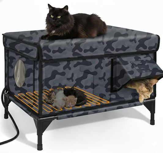 Indestructible Heated Cat House for Outside Winter, 100% Waterproof, Safe Escape Door, Insulated Outdoor Cat Shelter with Heater for Feral Barn Cat Kitty (Black Camouflage, 24"x15"x18")