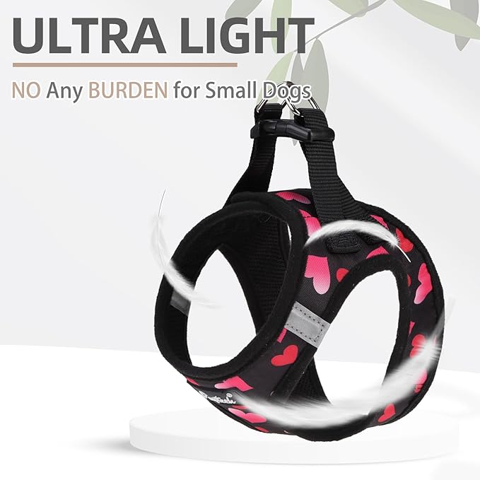 PUPTECK Valentine Dog Harness and Leash Set for Small Medium Dogs No Pull Step-in Soft Mesh Puppy Cat Vest Valentine Harnesses Reflective at Night, Black&Pink, XS