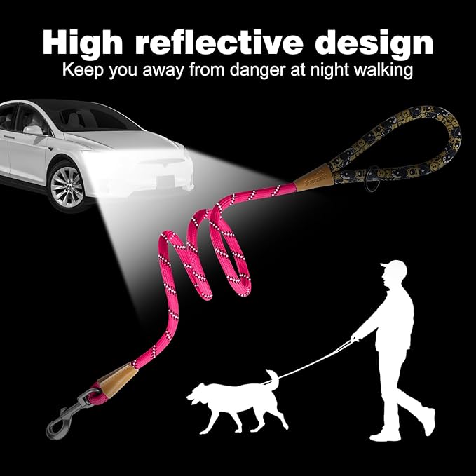 lynxking Rope Dog Leash 6 FT with Comfortable Padded Handle, Highly Reflective Threads Leash for Small Medium Large Dogs (Pink, 2PCS Large 1/2in x 6ft-Rope Clasp)