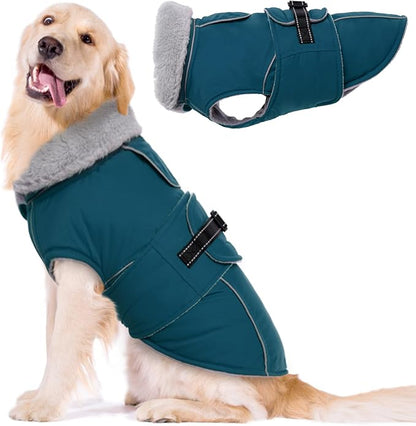 Lelepet Warm Dog Coats for Large Dogs Waterproof Dog Winter Jacket Reflective Pet Fleece Vest Windproof Cold Weather Coats with Adjustable Buckle & Leash Hole, Dark Green, XXL