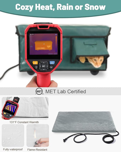 Heated Cat House for Outside with Dual Doors, Insulated Cat House Outdoor with Heating Pad, Weatherproof Heated Outdoor Cats Houses Waterrproof for Feral Cats (Deep Green, 17" L x 12" W x 13" H)