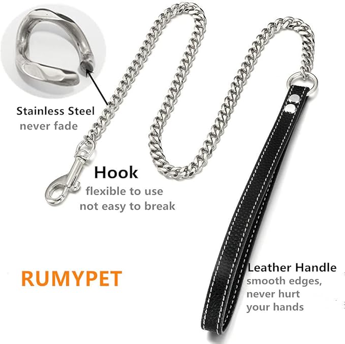 Silver Chain Dog Leash 11MM Solid Chew Proof 316L Stainless Steel Cuban Link Chain with Genuine Leather Handle Training Walking 3FT/4FT/5FT for Small Medium Large Dogs(11mm,4ft)…
