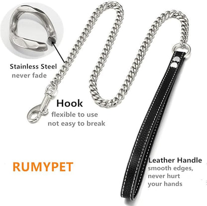 Silver Chain Dog Leash 11MM Solid Chew Proof 316L Stainless Steel Cuban Link Chain with Genuine Leather Handle Training Walking 3FT/4FT/5FT for Small Medium Large Dogs(11mm,4ft)…