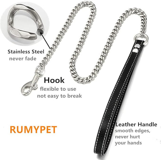 Silver Chain Dog Leash 11MM Solid Chew Proof 316L Stainless Steel Cuban Link Chain with Genuine Leather Handle Training Walking 3FT/4FT/5FT for Small Medium Large Dogs(11mm,3ft)…