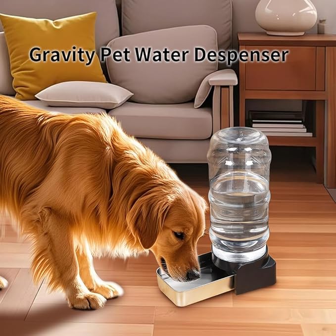 PAKEWAY 1 Gallon Automatic Gravity Dog Water Bowl Dispenser, Stainless Steel Large Capacity Pet Waterer with 3 Filters for Small to Medium Dogs and Cats