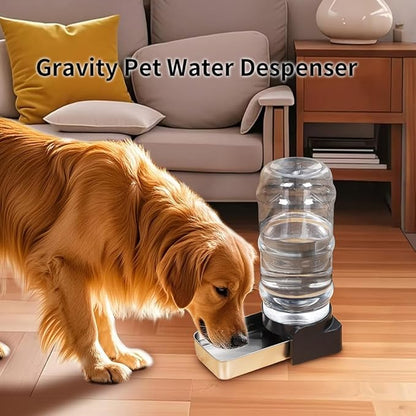 PAKEWAY Large Capacity Gravity Water Dispenser for Dogs, 2.3 Gallon Stainless Steel Pet Water Bowl for Medium & Large Pets, Low Refill Automatic Waterer with Filters