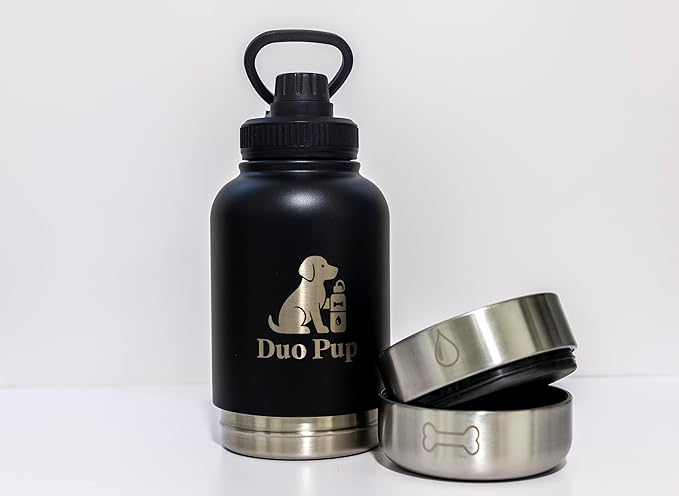 DuoPup 32oz Insulated Stainless Steel Pet Water & Food Bottle – Portable Leak-Resistant Dispenser with Two Detachable Bowls & Carrying Strap – Travel, Hiking & Outdoor Pet Hydration – Dark Green