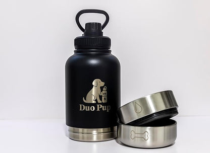 DuoPup 32oz Insulated Stainless Steel Pet Water & Food Bottle – Portable Leak-Resistant Dispenser with Two Detachable Bowls & Carrying Strap – Travel, Hiking & Outdoor Pet Hydration – Black
