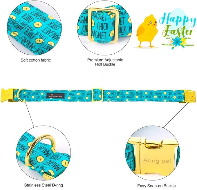 ARING PET Easter Dog Collar with Bow, Cute Adjustable Blue Chick Bowtie Pet Collars with Metal Buckle for Puppy Small Medium Large Boy Girl Dogs-L