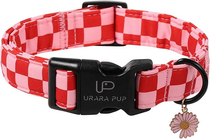UP URARA PUP Red and Pink Plaid Dog Collarwith Bow Tie– Adjustable Red & Pink Checkered Dog Collar for Small Medium Large Dogs, Soft Xmas Plaid Puppy Collars with Quick Release Buckle S