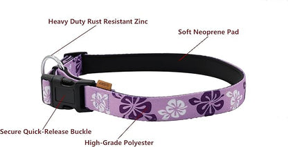 Dog Collar, Cute Floral Pattern, Neoprene Padded and Adjustable Collar with Quick Release Buckle, Reinforced Structure (L (Neck 18-28", Width 1"), Hawaiian Purple)