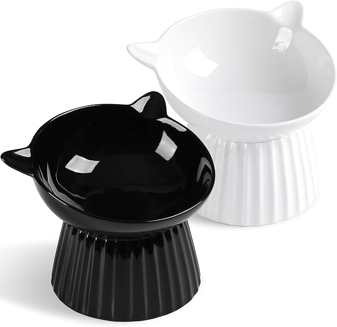 Wellbro Ceramic Raised Cat Bowl，Tilted Raised Bowl Anti Vomit Bowls for Indoor Cats Whisker Friendly Pet Feeder for Cats Puppies, Microwave and Dishwasher Safe