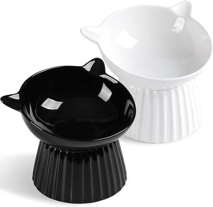 Wellbro Ceramic Raised Cat Bowl，Tilted Raised Bowl Anti Vomit Bowls for Indoor Cats Whisker Friendly Pet Feeder for Cats Puppies, Microwave and Dishwasher Safe