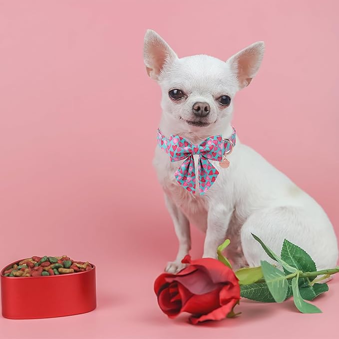 UP URARA PUP Valentine’s Day Dog Collar with Bow Tie, Pink Heart Bowtie Collar with Metal Buckle, Valentine’s Day Gift Pet Collar for Puppy Girl Boy Dog or Cat, Wedding Dog Collar, S, Neck 10-16in
