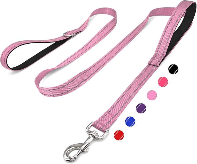 6 FT Dog Leash with 2 Padded Handle Nylon Reflective Dogs Leashes for Small Medium Large Dogs Pink