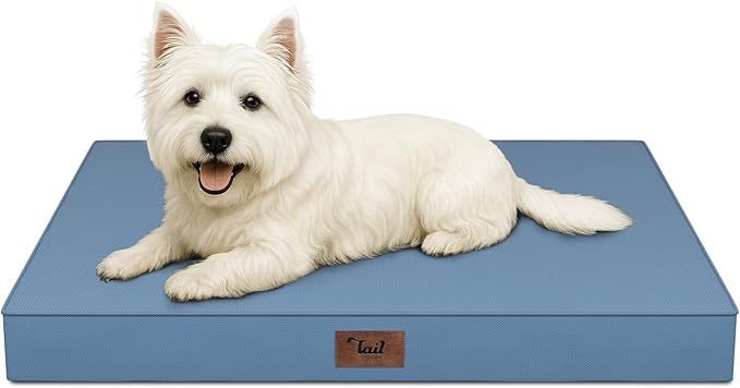 Tail Stories Outdoor Dog Bed for Small Dogs & Cats, Waterproof Dog Crate Mat Orthopedic Egg Crate Foam with Washable Removable Oxford Cover, Blue