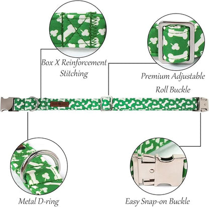 Lionet Paws St. Patrick Green Dog Collar, Bone Dog Collar for Large Dogs, Adjustable Cotton Clover Pet Collars for Large Dogs