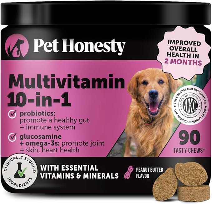 Multivitamin Dog Supplement - Glucosamine Chondroitin for Dogs, Probiotics, Omega Fish Oil, Dog Supplements & Vitamins, Vitamins for Skin and Coat Allergies, (Peanut Butter 90 ct)