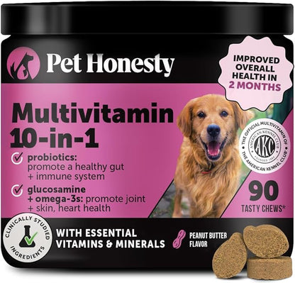 Multivitamin Dog Supplement - Glucosamine Chondroitin for Dogs, Probiotics, Omega Fish Oil, Dog Supplements & Vitamins, Vitamins for Skin and Coat Allergies, (Peanut Butter 90 ct)
