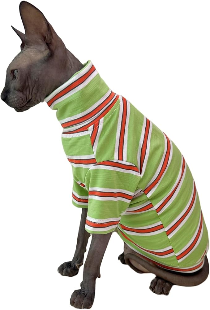 Vintage Stripes Sphynx Hairless Cats Shirt Cotton Cat Turtleneck Pet Clothes Kitten T-Shirts with Sleeves for Sphynx Cornish Rex, Devon Rex, Peterbald (Orange & Green, X-Large (Pack of 1))
