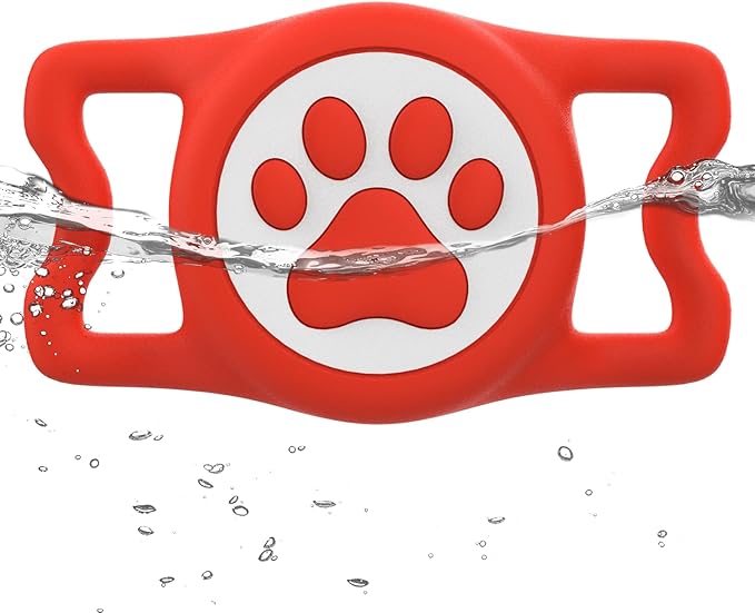 WhoseID IP68 Waterpoof Dog Airtag Holder, Stretchy Silicone Full Body Covered Apple Air Tag Holder for Dog Cat Collar Fit All Width Collar (Red, 1 Pack)