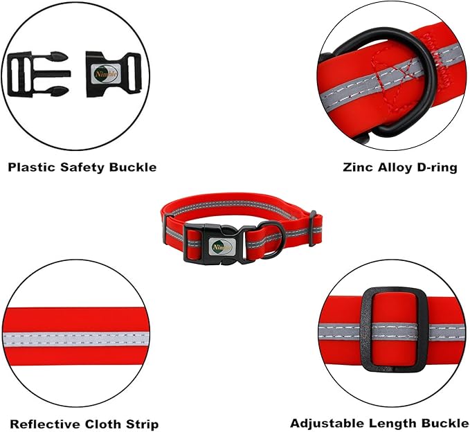 NIMBLE Dog Collar Waterproof Pet Collars Anti-Odor Durable Adjustable PVC & Polyester Soft with Reflective Cloth Stripe Basic Dog Collars S/M/L Sizes (Small (9.45”-14.17”inches), Candy Red)
