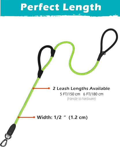 PetBonus Double Handle Rope Dog Leash, 5FT Heavy Duty Training Lead with Lockable Hook and 2 Comfortable Padded Handles, Reflective Walking Nylon Leash for Large Medium Dogs (55-200 lbs, Green)