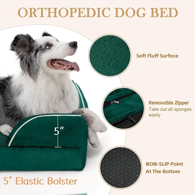 Comfort Expression Orthopedic Dog Bed for Extra Large Dogs 45x35 Inch, Waterproof Supportive Egg Crate Foam XL Pet Bed with Removable Bolsters, Dog Couch with Washable Cover & Non-Slip Bottom, Emerald