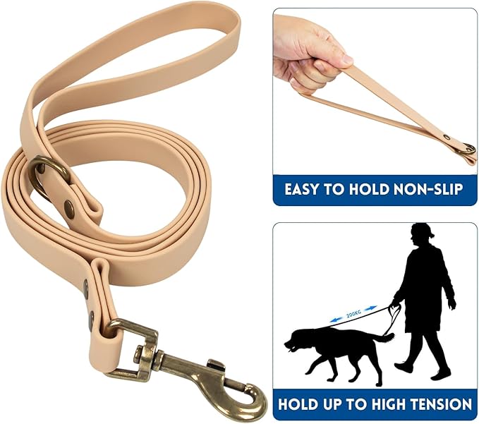 Wisedog Dog Collar and Leash Set, Waterproof Adjustable Puppy Collars with Cute Tag 5FT Dog Leash with Poop Bag for Small Medium Large Dogs (L, Sand Color)