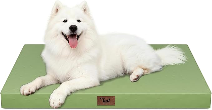 Tail Stories Outdoor Large Washable Dog Bed, Orthopedic Egg Crate Foam Dog Crate Mat for Large Dogs with Removable Oxford Cooling Cover, Light Green