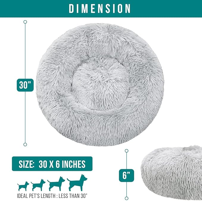 PetAmi Calming Dog Bed for Small & Medium Dogs and Cats, 30” Round Donut Dog Bed, Washable Fluffy Faux Fur Puppy & Cat Bed, Anti-Anxiety Plush Cuddler Pet Bed with Anti-Slip Bottom - Light Gray