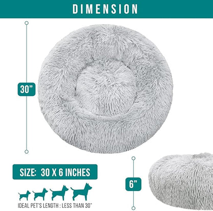 PetAmi Calming Dog Bed for Small & Medium Dogs and Cats, 30” Round Donut Dog Bed, Washable Fluffy Faux Fur Puppy & Cat Bed, Anti-Anxiety Plush Cuddler Pet Bed with Anti-Slip Bottom - Light Gray