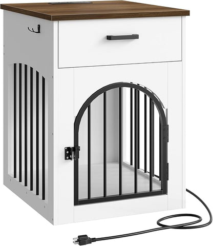 CHOEZON Dog Crate Furniture, Wooden Dog House with Charging Station and Storage Drawer, Indoor Pet Crate End Table for Small Breeds, Dog Kennel for Living Room, Bedroom, White and Walnut MGW01UWL