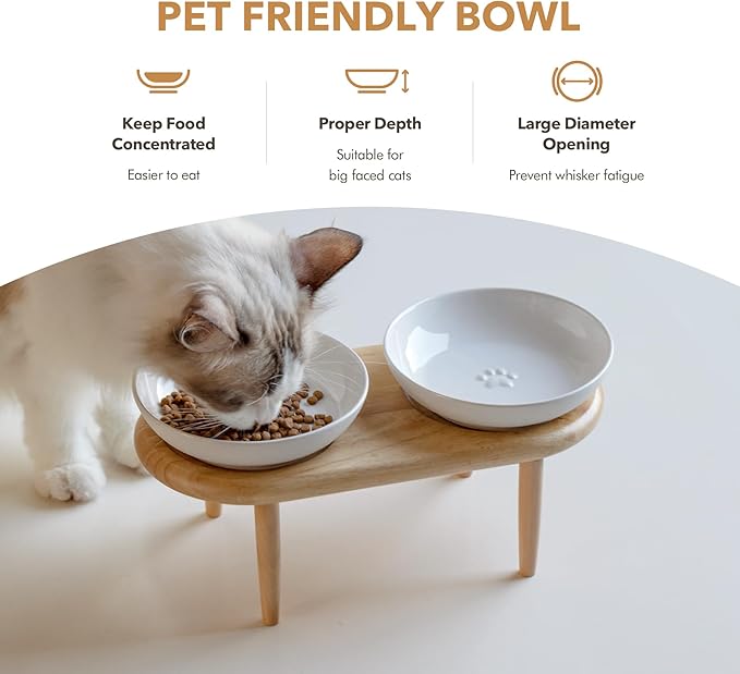 Havniva Raised Ceramic Wide Whisker Friendly Cat Dishes, Anti-Slip Food& Water Bowl with 2 Style Stand Adjustable Pet Bowl Set(2Dish+Stand, White)