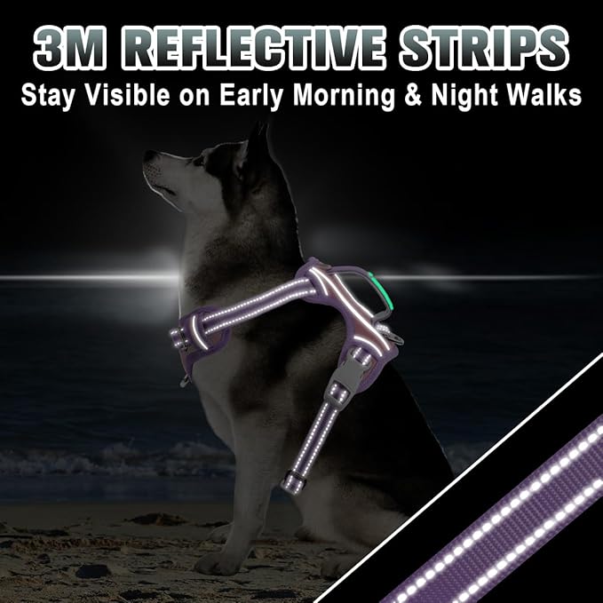 BARKBAY No Pull Dog Harness Large Reflective Dog Harness with Front Clip and Easy Control Handle for Walking Training Running with ID tag Pocket(Baby Pink & Violet Purple,XL)